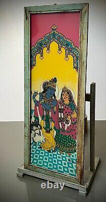 VINTAGE INDIAN REVERSE GLASS PAINTING KRISHNA & RADHA EVERLASTING LOVE 20th c