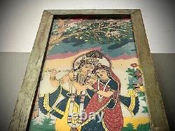 VINTAGE INDIAN REVERSE GLASS PAINTING KRISHNA & RADHA EVERLASTING LOVE 20th c