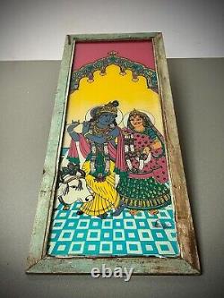 VINTAGE INDIAN REVERSE GLASS PAINTING KRISHNA & RADHA EVERLASTING LOVE 20th c