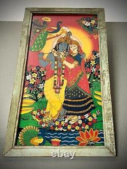 VINTAGE INDIAN REVERSE GLASS PAINTING KRISHNA & RADHA EVERLASTING LOVE 20th c