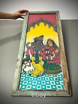 VINTAGE INDIAN REVERSE GLASS PAINTING KRISHNA & RADHA EVERLASTING LOVE 20th c