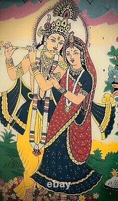 VINTAGE INDIAN REVERSE GLASS PAINTING KRISHNA & RADHA EVERLASTING LOVE 20th c