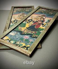 VINTAGE INDIAN REVERSE GLASS PAINTING KRISHNA & RADHA EVERLASTING LOVE 20th c