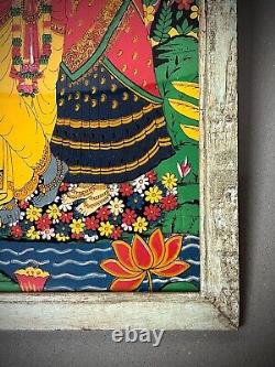 VINTAGE INDIAN REVERSE GLASS PAINTING KRISHNA & RADHA EVERLASTING LOVE 20th c