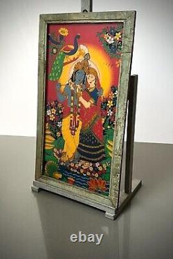 VINTAGE INDIAN REVERSE GLASS PAINTING KRISHNA & RADHA EVERLASTING LOVE 20th c