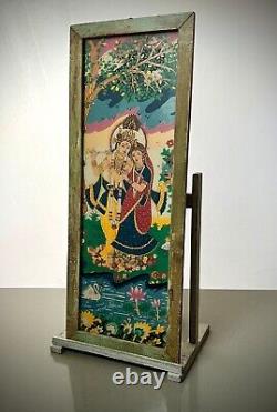 VINTAGE INDIAN REVERSE GLASS PAINTING KRISHNA & RADHA EVERLASTING LOVE 20th c