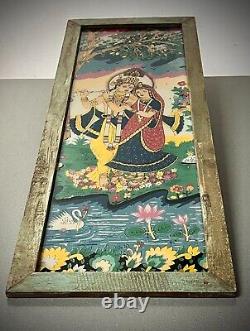 VINTAGE INDIAN REVERSE GLASS PAINTING KRISHNA & RADHA EVERLASTING LOVE 20th c