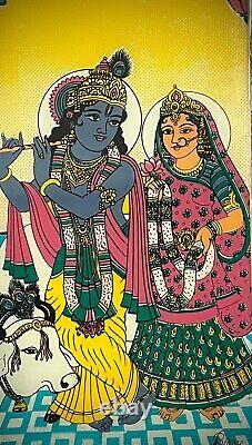 VINTAGE INDIAN REVERSE GLASS PAINTING KRISHNA & RADHA EVERLASTING LOVE 20th c