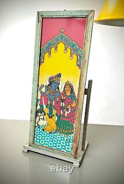 VINTAGE INDIAN REVERSE GLASS PAINTING KRISHNA & RADHA EVERLASTING LOVE 20th c