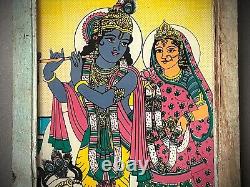 VINTAGE INDIAN REVERSE GLASS PAINTING KRISHNA & RADHA EVERLASTING LOVE 20th c