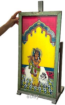 VINTAGE INDIAN REVERSE GLASS PAINTING KRISHNA SACRED COW MUGHAL INTERIOR 20th c