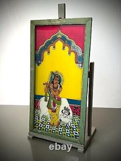 VINTAGE INDIAN REVERSE GLASS PAINTING KRISHNA SACRED COW MUGHAL INTERIOR 20th c