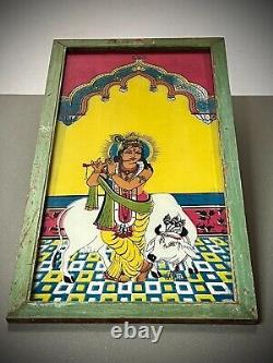 VINTAGE INDIAN REVERSE GLASS PAINTING KRISHNA SACRED COW MUGHAL INTERIOR 20th c