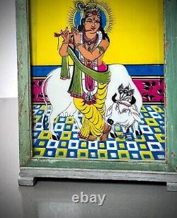 VINTAGE INDIAN REVERSE GLASS PAINTING KRISHNA SACRED COW MUGHAL INTERIOR 20th c