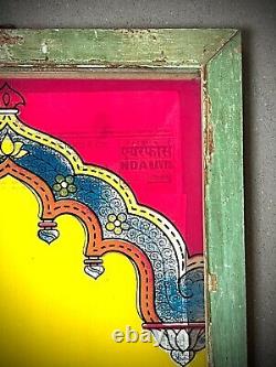 VINTAGE INDIAN REVERSE GLASS PAINTING KRISHNA SACRED COW MUGHAL INTERIOR 20th c