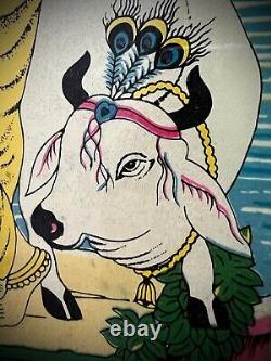 VINTAGE INDIAN REVERSE GLASS PAINTING KRISHNA SACRED COW PASTORAL SCENE 20th c