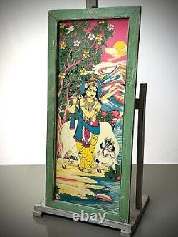 VINTAGE INDIAN REVERSE GLASS PAINTING KRISHNA SACRED COW PASTORAL SCENE 20th c