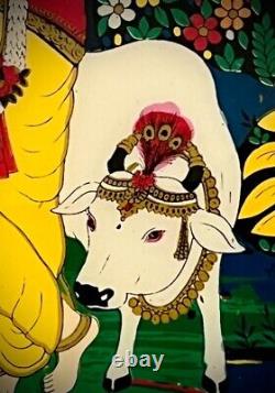 VINTAGE INDIAN REVERSE GLASS PAINTING KRISHNA SACRED COW PASTORAL SCENE 20th c