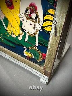 VINTAGE INDIAN REVERSE GLASS PAINTING KRISHNA SACRED COW PASTORAL SCENE 20th c