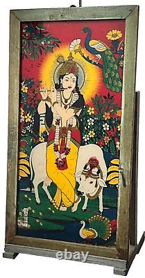 VINTAGE INDIAN REVERSE GLASS PAINTING KRISHNA SACRED COW PASTORAL SCENE 20th c