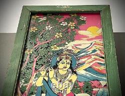 VINTAGE INDIAN REVERSE GLASS PAINTING KRISHNA SACRED COW PASTORAL SCENE 20th c