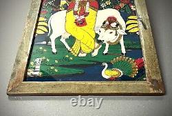 VINTAGE INDIAN REVERSE GLASS PAINTING KRISHNA SACRED COW PASTORAL SCENE 20th c