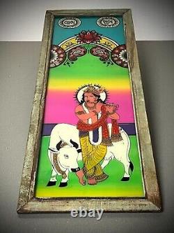 VINTAGE INDIAN REVERSE GLASS PAINTING KRISHNA SACRED COW STYLISED SCENE 20th c