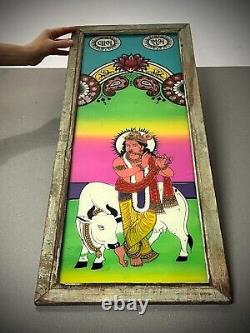 VINTAGE INDIAN REVERSE GLASS PAINTING KRISHNA SACRED COW STYLISED SCENE 20th c