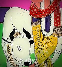 VINTAGE INDIAN REVERSE GLASS PAINTING KRISHNA SACRED COW STYLISED SCENE 20th c