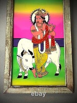 VINTAGE INDIAN REVERSE GLASS PAINTING KRISHNA SACRED COW STYLISED SCENE 20th c