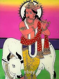 VINTAGE INDIAN REVERSE GLASS PAINTING KRISHNA SACRED COW STYLISED SCENE 20th c