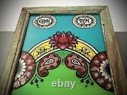 VINTAGE INDIAN REVERSE GLASS PAINTING KRISHNA SACRED COW STYLISED SCENE 20th c