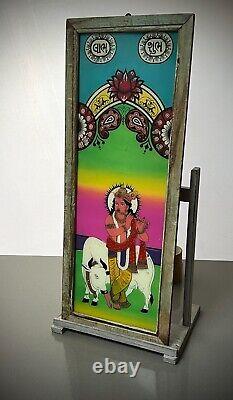 VINTAGE INDIAN REVERSE GLASS PAINTING KRISHNA SACRED COW STYLISED SCENE 20th c