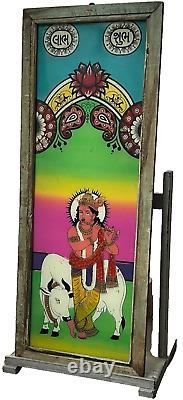 VINTAGE INDIAN REVERSE GLASS PAINTING KRISHNA SACRED COW STYLISED SCENE 20th c