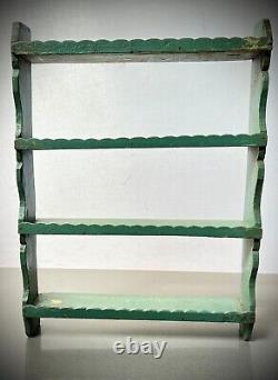 VINTAGE INDIAN SHELVES ART DECO DETAIL TEAK DISTRESSED PALE TEAL OVER JADE 1920s