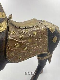 VTG Indian Hand Carved Wood Horse Copper and Brass