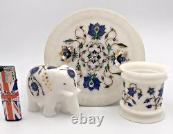 Very nice set of 3 vintage Indian Pietra Dura items-plate, elephant, pen holder