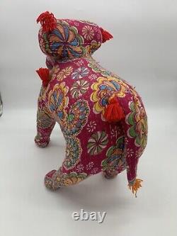 Vintage 1960s Indian Upholstered Embellished Stuffed Pink Elephant