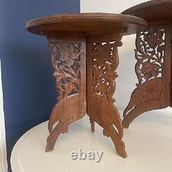 Vintage 2 x Indian Hand Carved Wooden Inlaid Side Tables Plant Stands Jardiniere