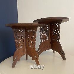 Vintage 2 x Indian Hand Carved Wooden Inlaid Side Tables Plant Stands Jardiniere