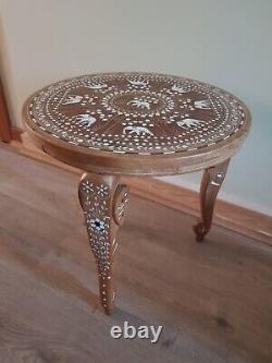 Vintage Anglo Indian Hand Crafted Teak Lamp Table With Inlaid Elephant Design