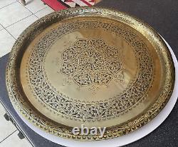 Vintage Antique Brass Engraved Tray Indian Arabic Eastern Islamic Geometric Patt