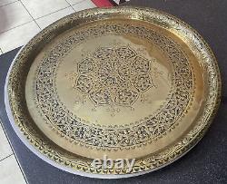 Vintage Antique Brass Engraved Tray Indian Arabic Eastern Islamic Geometric Patt