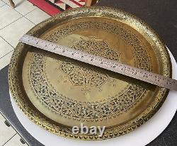 Vintage Antique Brass Engraved Tray Indian Arabic Eastern Islamic Geometric Patt