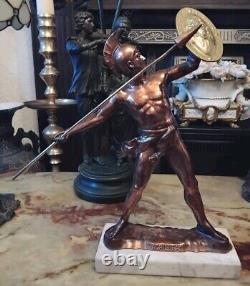 Vintage Antique Copper Brass Statue Greek God Achilles marble base spear 16.5