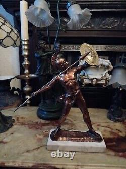 Vintage Antique Copper Brass Statue Greek God Achilles marble base spear 16.5