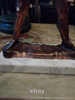 Vintage Antique Copper Brass Statue Greek God Achilles marble base spear 16.5