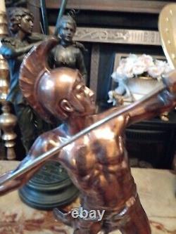 Vintage Antique Copper Brass Statue Greek God Achilles marble base spear 16.5