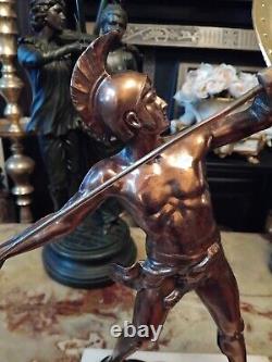 Vintage Antique Copper Brass Statue Greek God Achilles marble base spear 16.5