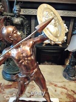 Vintage Antique Copper Brass Statue Greek God Achilles marble base spear 16.5